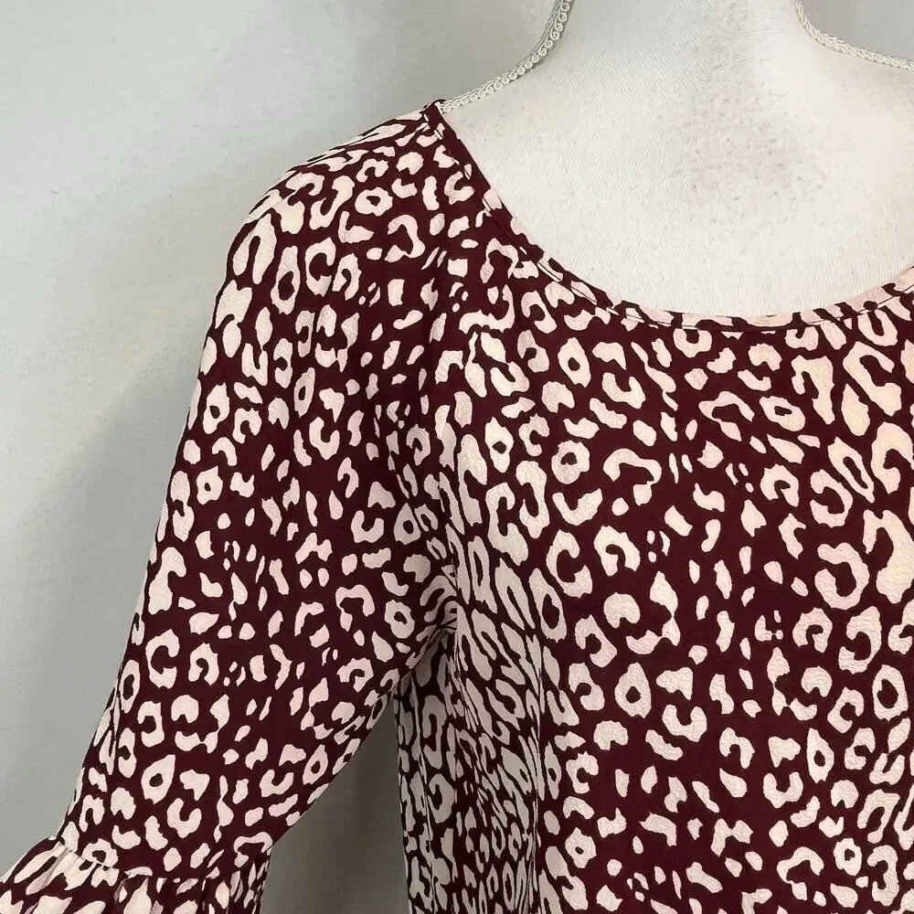 Michael Kors Blouse Tunic size Medium Burgundy Tan Leopard Lagenlook Peasant
